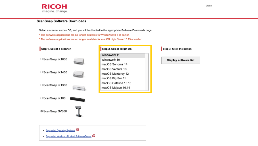 download drivers scanner fujitsu ricoh scansnap sv600 select target OS